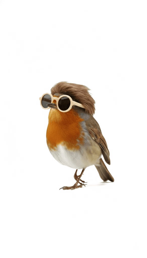 Robin strutting beside phone